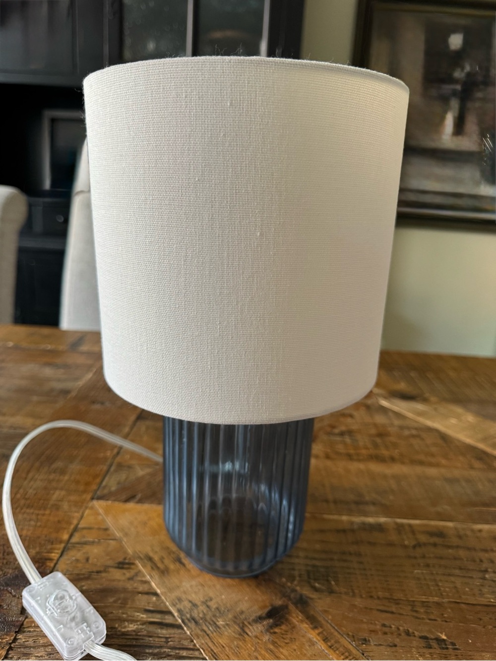 Blue Ribbed Mini Table Lamp w/Cream Shade